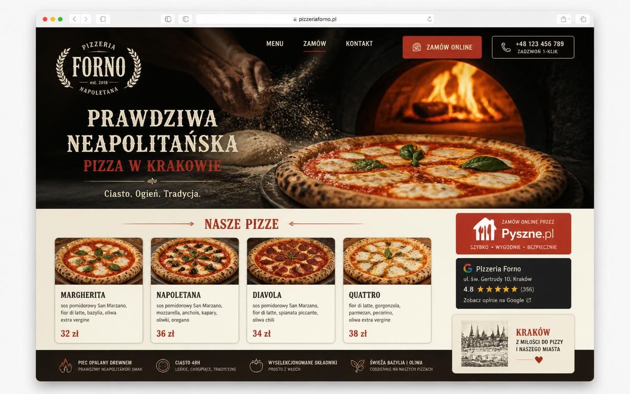 Strona z rezerwacją online — pizzeria Forno, Biznes