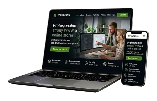 Podgląd strony internetowej Kodeweb — responsywny design na laptopie i telefonie